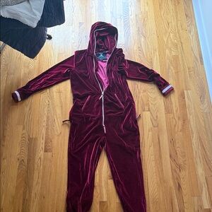 Onepiece Red Velour Hooded Jumpsuit worn
Once